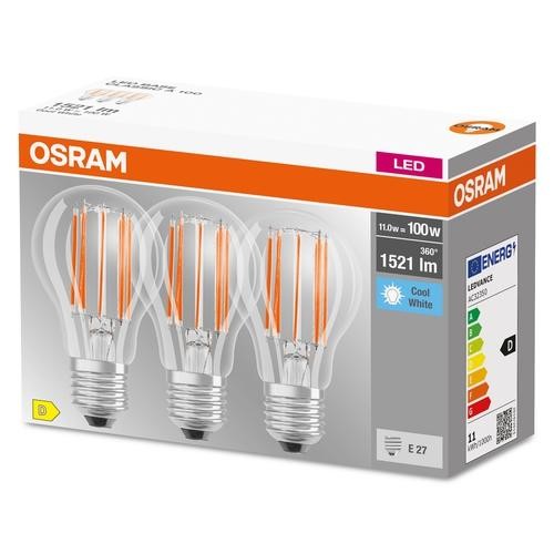 Osram Base Classic A LED Filament 3er Pack 11W 4000K kaltweiß 1521lm klar E27