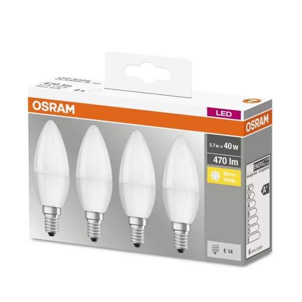 Osram Base Classic B35 LED 6W/827 warmweiß 470lm matt E14 4er Pack