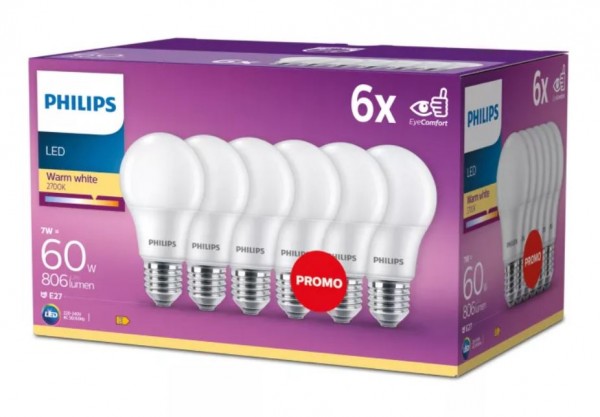 Philips Classic A LED 7-60W 827 warmweiß 806lm E27 matt 150° 6er Pack 220-240V