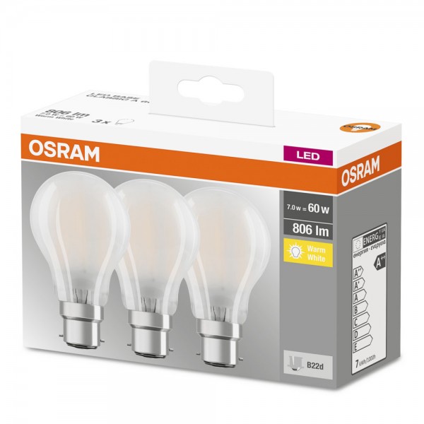 Osram Base Classic A60 LED 7W/827 warmweiß 806lm matt B22d 3er Pack