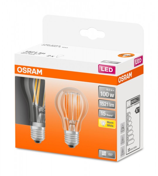 Osram Star Classic A60 LED Filament 11W/827 warmweiß 1521lm klar E27 2er Pack