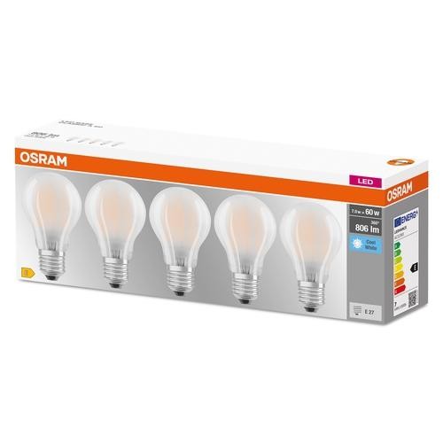 Osram Base Classic A LED Filament 5er Pack 6.5W/840 kaltweiß 806lm matt E27