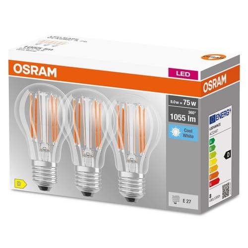 Osram Base Classic A LED Filament 3er Pack 7.5W/840 kaltweiß 1055lm klar E27