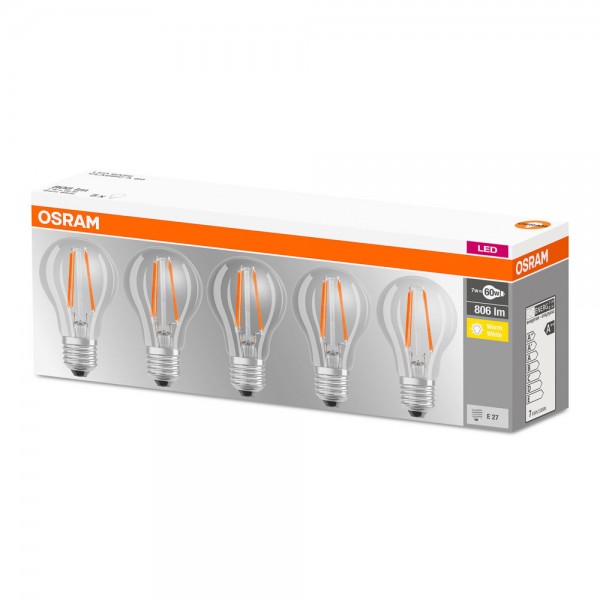 Osram Base Classic A60 LED Filament 7W/827 warmweiß 806lm klar E27 5er Pack