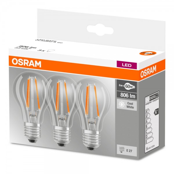 Osram Base Classic A60 LED Filament 6.5W/840 kaltweiß 806lm klar E27 3er Pack