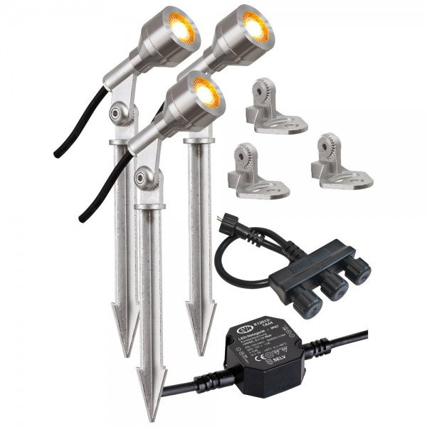 EVN LED Spot Edelstahl Optik schwenkbar rund 41mm 3,5W 3000K 220lm 21-40° 220-240V IP68 mit Erdspieß mit Montagefuß 3er Set