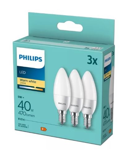 Philips Kerze B LED 5-40W 827 warmweiß 470lm E14 matt 150° 3er Pack 220-240V