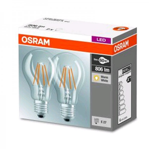 Osram Base Classic A60 LED Filament 6W/827 warmweiß 806lm klar E27 2er Pack