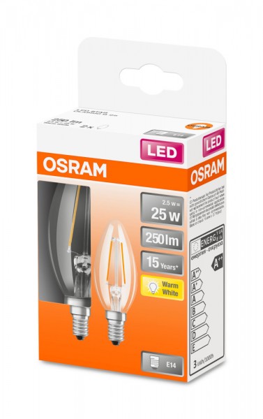 Osram Star Classic B35 LED Filament 2.5W/827 warmweiß 250lm klar E14 2er Pack