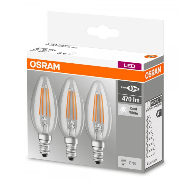 Osram Base Classic B35 LED Filament 4W/840 kaltweiß 470lm klar E14 3er Pack