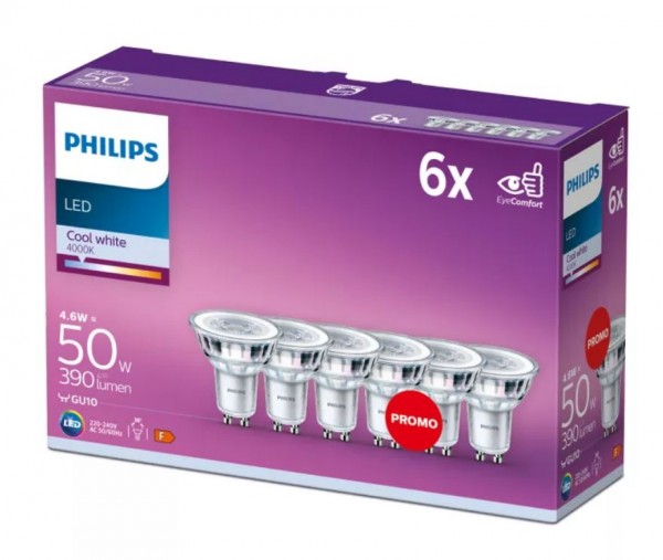 Philips Spot PAR16 LED 4.6-50W 840 kaltweiß 390lm GU10 36° 6er Pack 220-240V