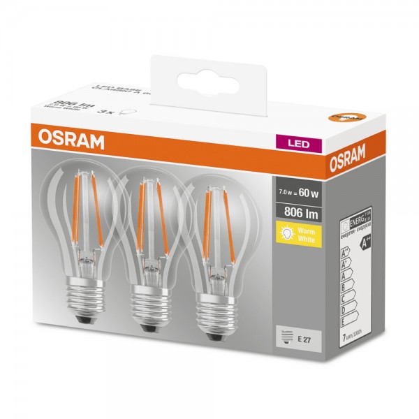 Osram Base Classic A60 LED Filament 7W/827 warmweiß 806lm klar E27 3er Pack