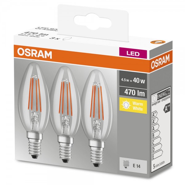 Osram Base Classic B35 LED Filament 4W/827 warmweiß 470lm klar E14 3er Pack