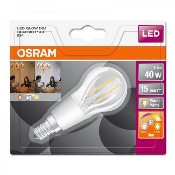 Osram/LEDVANCE LED Filament GlowDim P 4,5W/827 warmweiß 470lm klar E14 dimmbar