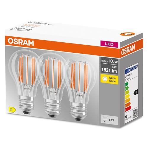 Osram Base Classic A LED Filament 3er Pack 11W/827 warmweiß 1521lm klar E27