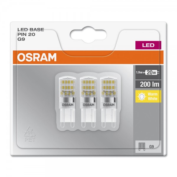Osram Base Classic Pin LED 1.9W/827 warmweiß 200lm klar G9 3er Pack