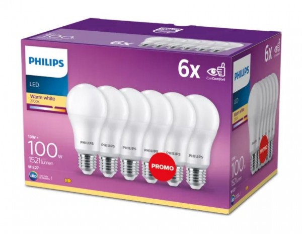 Philips Classic A LED 13-100W 827 warmweiß 1521lm E27 matt 150° 6er Pack 220-240V