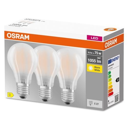 Osram Base Classic A LED Filament 3er Pack 7.5W/827 warmweiß 1055lm matt E27