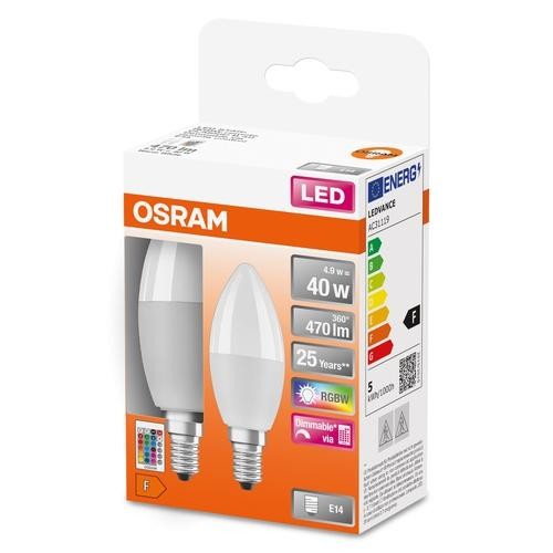Osram Retrofit Classic B LED 2er Pack 4.9W 2700K weiß/änderbar/farbig 470lm matt E14 dimmbar