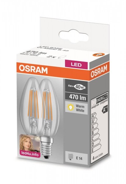 Osram Base Classic B35 LED 4W/827 warmweiß 470lm klar E14 2er Pack