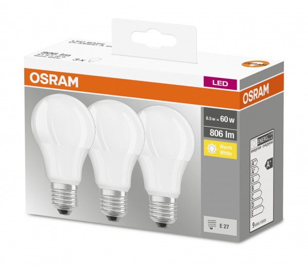 Osram Base Classic A60 LED 9W/827 warmweiß 806lm matt E27 3er Pack
