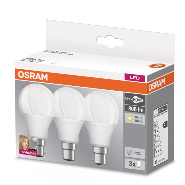 Osram Base Classic A60 LED 9W/827 warmweiß 806lm matt B22d 3er Pack