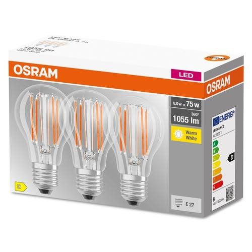 Osram Base Classic A LED Filament 3er Pack 7.5W/827 warmweiß 1055lm klar E27