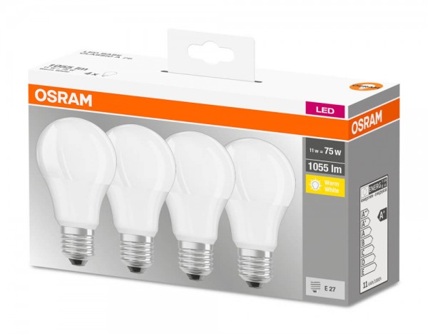 Osram Base Classic A60 LED 11W/827 warmweiß 1055lm matt E27 4er Pack