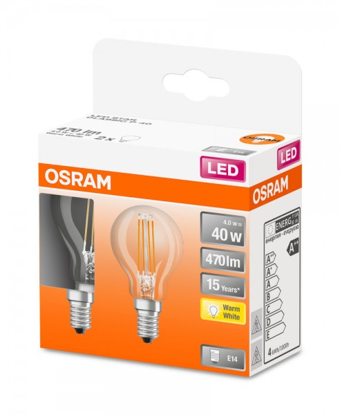 Osram Star Classic P45 LED Filament 4W/827 warmweiß 470lm klar E14 2er Pack