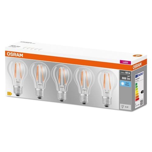 Osram Base Classic A LED Filament 5er Pack 6.5W/840 kaltweiß 806lm klar E27