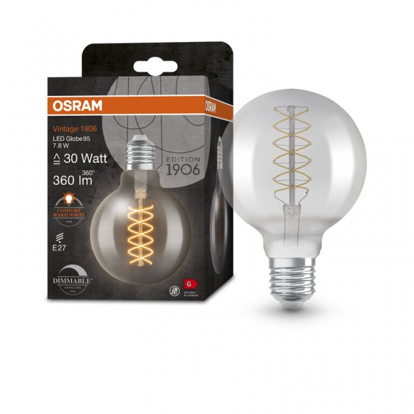 Osram / Ledvance Vintage 1906 Globe G95 LED Filament 7.8-30W 818 extra warmweiß 360lm dimmbar E27 rauchig 320° 220-240V